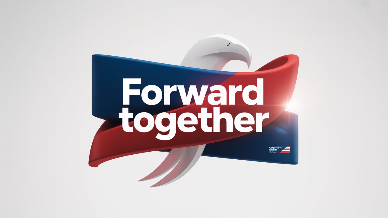 A professional mockup of a political motion graphic still frame. It features the text 'FORWARD TOGETHER' in bold letters against a dynamic, abstract background of red, white, and blue shapes.