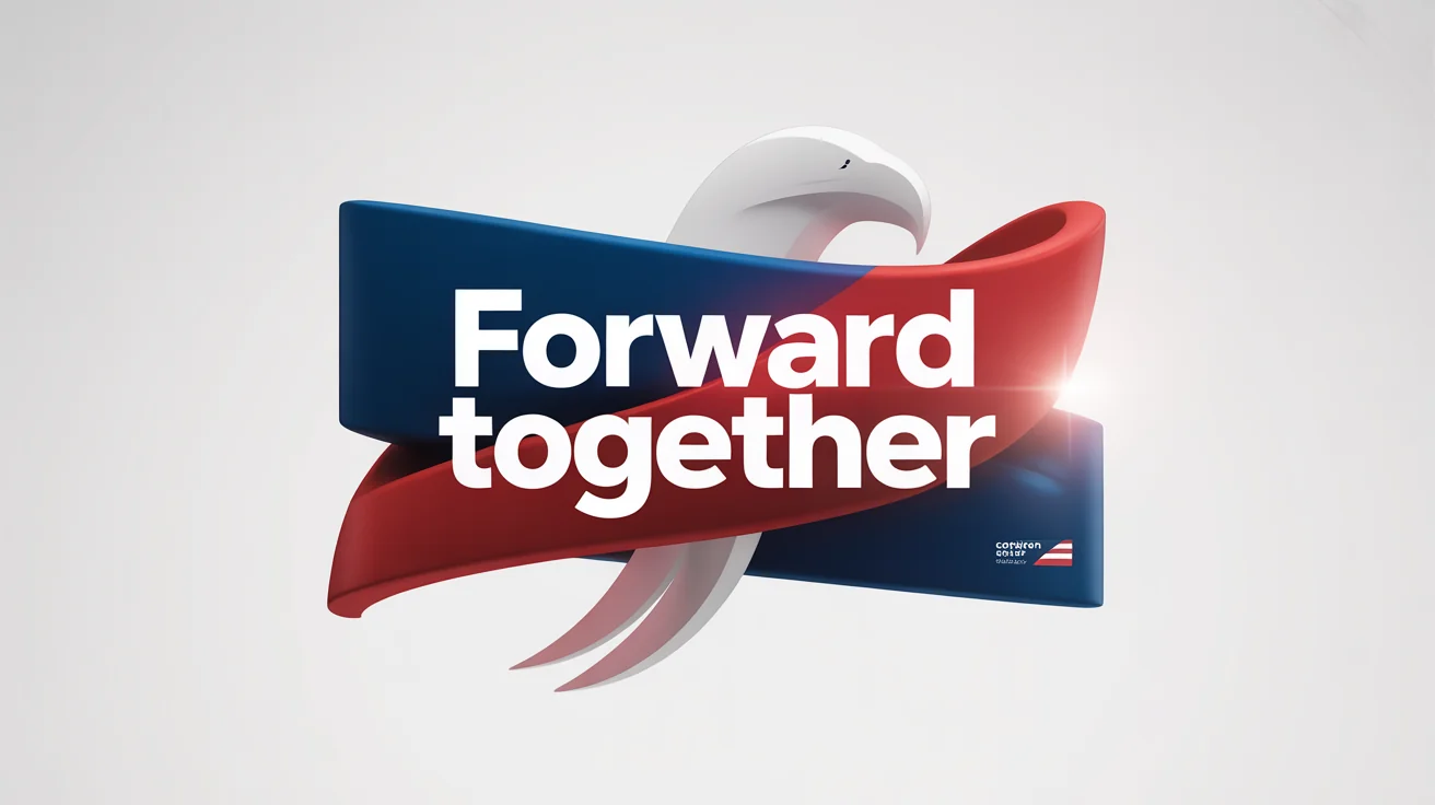 A professional mockup of a political motion graphic still frame. It features the text 'FORWARD TOGETHER' in bold letters against a dynamic, abstract background of red, white, and blue shapes.