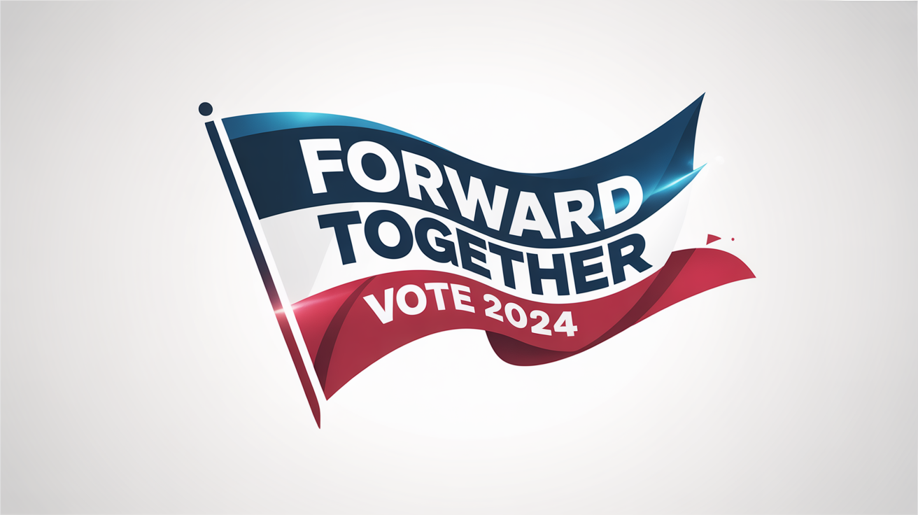 A modern motion graphics design for a political theme, featuring abstract red, white, and blue shapes and swooshes on a white background. The words 'FORWARD TOGETHER' and 'VOTE 2024' are integrated into the dynamic composition.