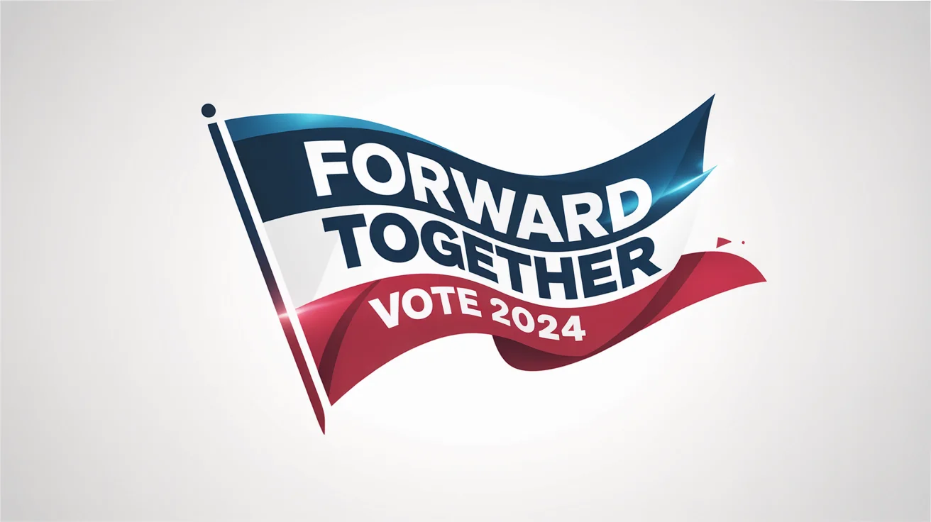 A modern motion graphics design for a political theme, featuring abstract red, white, and blue shapes and swooshes on a white background. The words 'FORWARD TOGETHER' and 'VOTE 2024' are integrated into the dynamic composition.