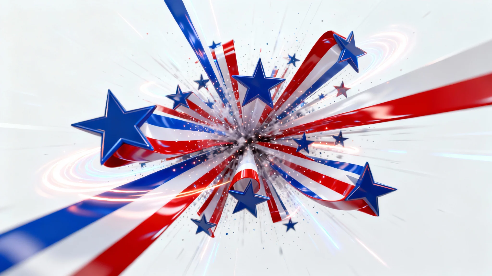 An abstract 3D render symbolizing political motion graphics, featuring a dynamic explosion of red, white, and blue stars and ribbons on a clean white background.