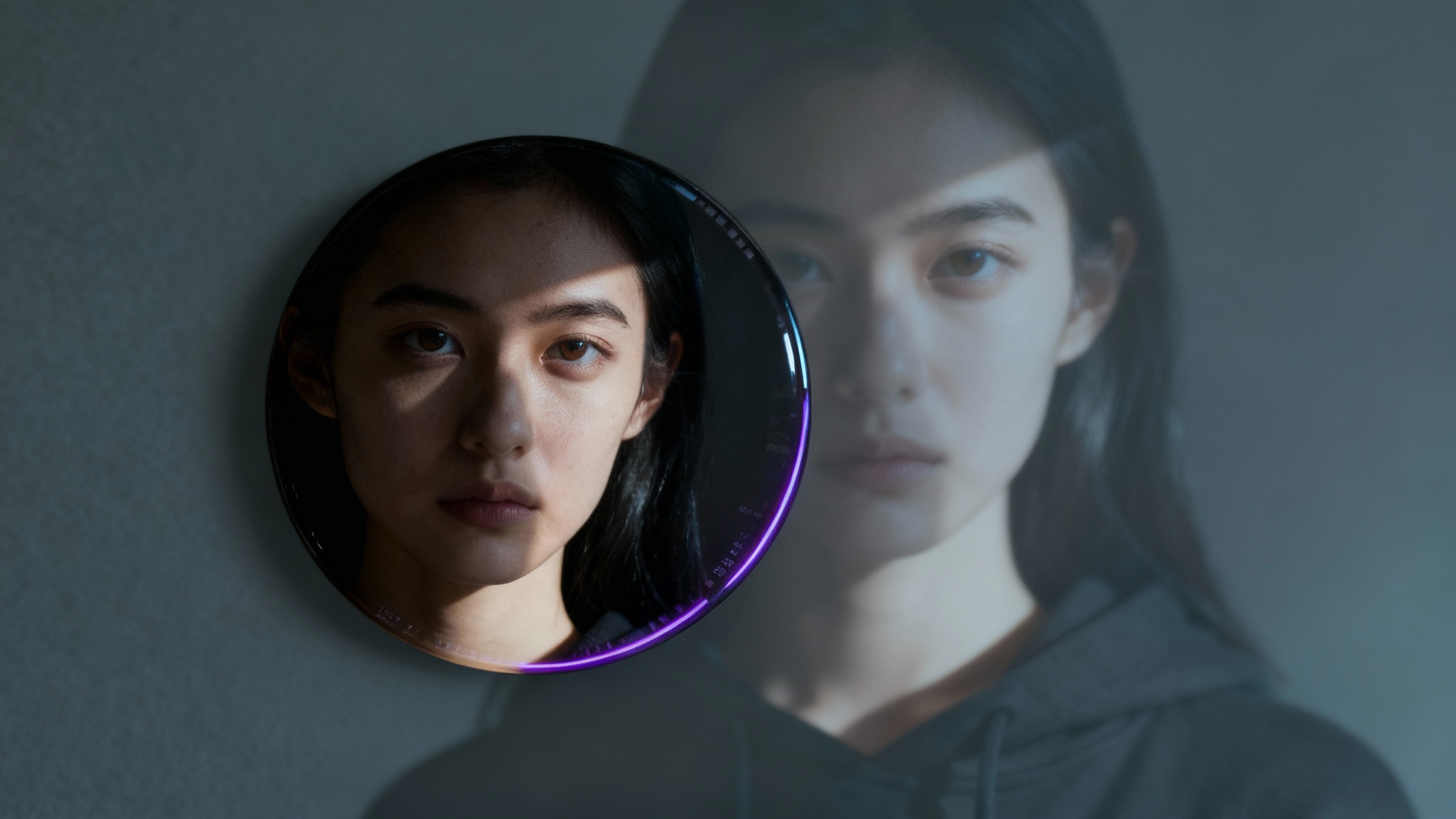 A dark aesthetic profile picture of a young woman with black hair, shown as a polished circular image with a neon ring, floating in front of a faded version of the original photo.