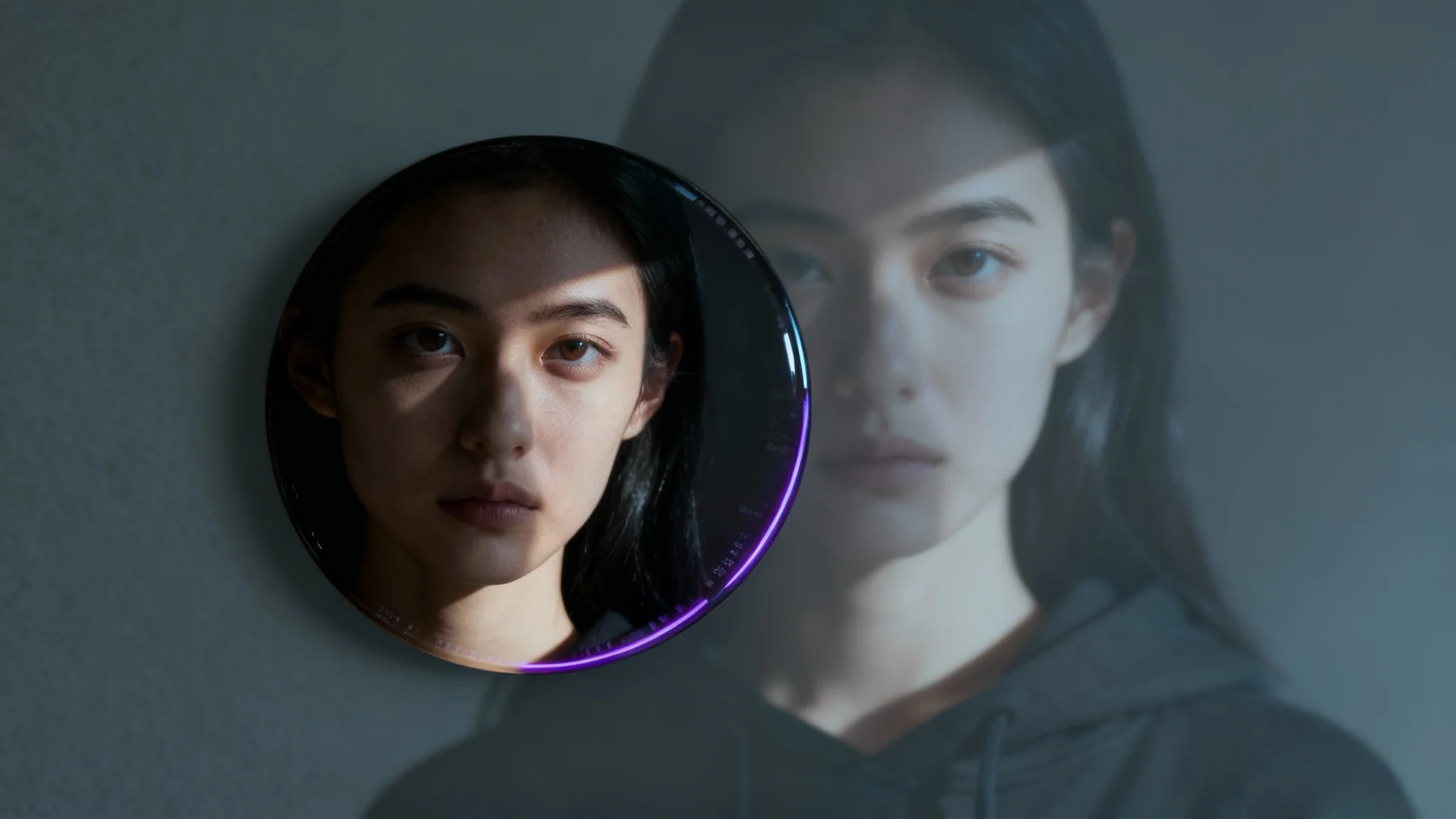 A dark aesthetic profile picture of a young woman with black hair, shown as a polished circular image with a neon ring, floating in front of a faded version of the original photo.