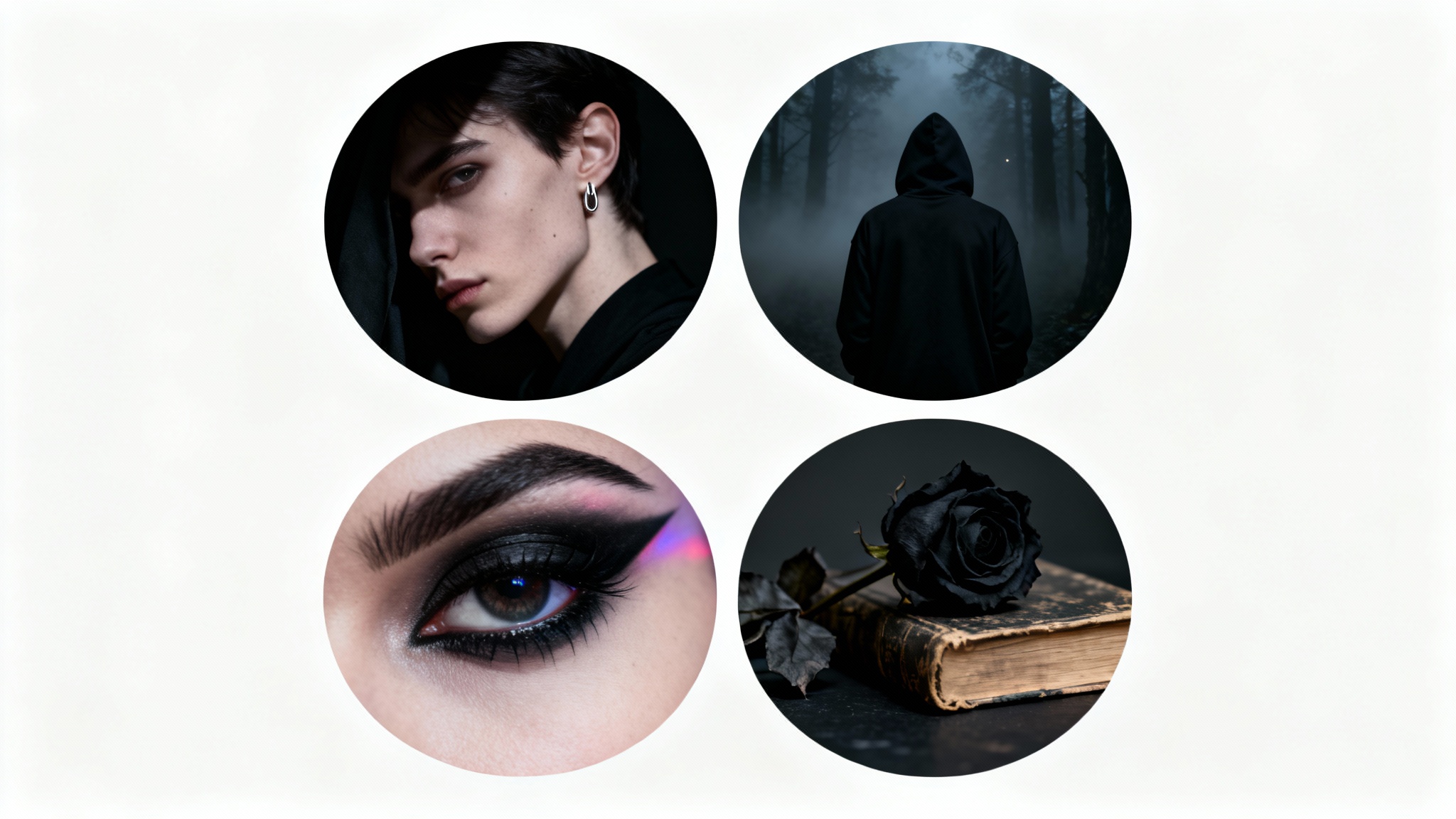 A mockup showcasing four examples of dark aesthetic profile pictures, including a shadowed portrait, a hooded figure in a forest, a close-up of an eye, and a gothic black rose.
