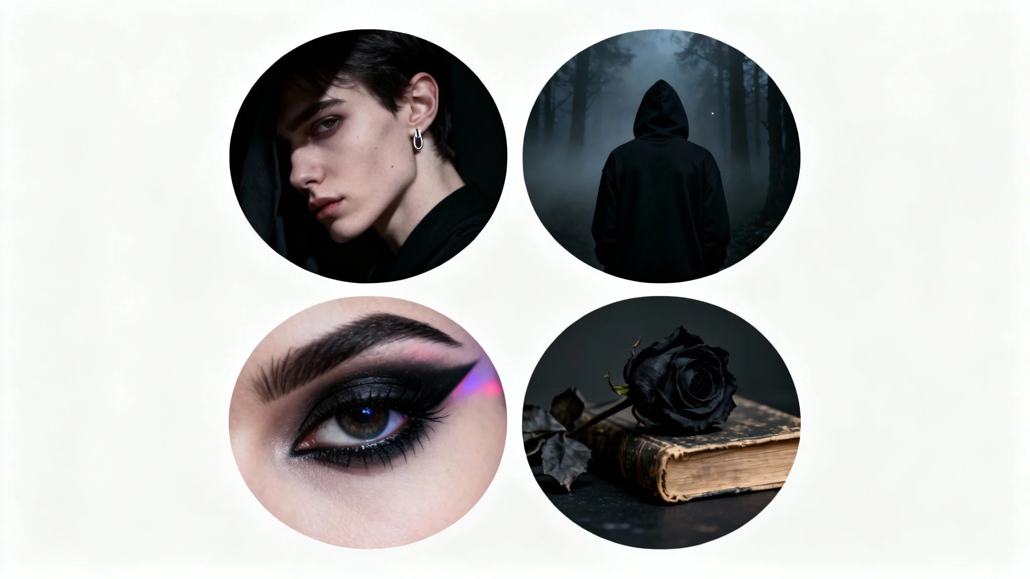 A mockup showcasing four examples of dark aesthetic profile pictures, including a shadowed portrait, a hooded figure in a forest, a close-up of an eye, and a gothic black rose.
