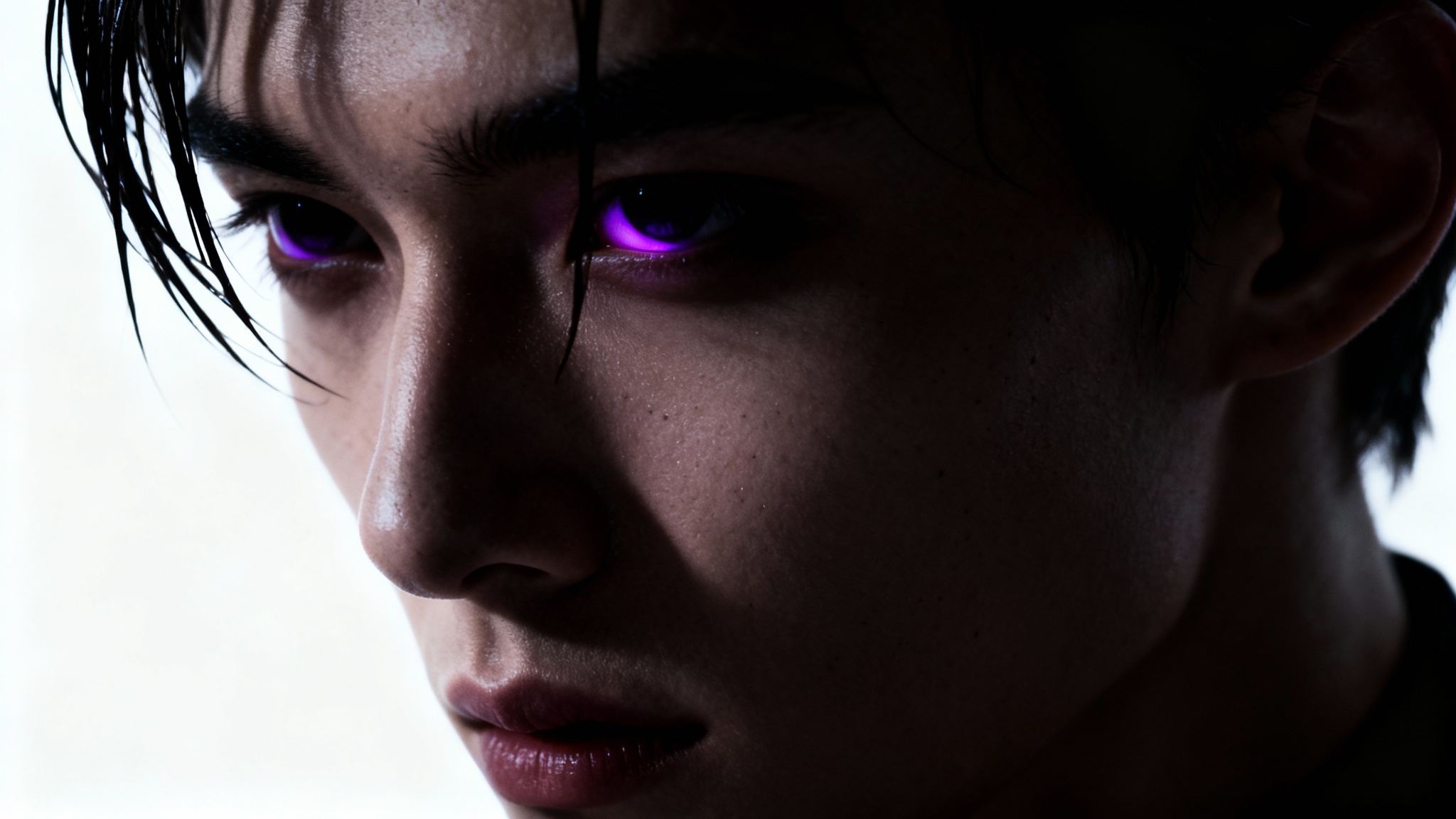 A hyper-realistic profile picture mockup with a dark aesthetic, showing a close-up of a mysterious person's face half in shadow, with a purple light reflecting in their eye, set against a plain white background.