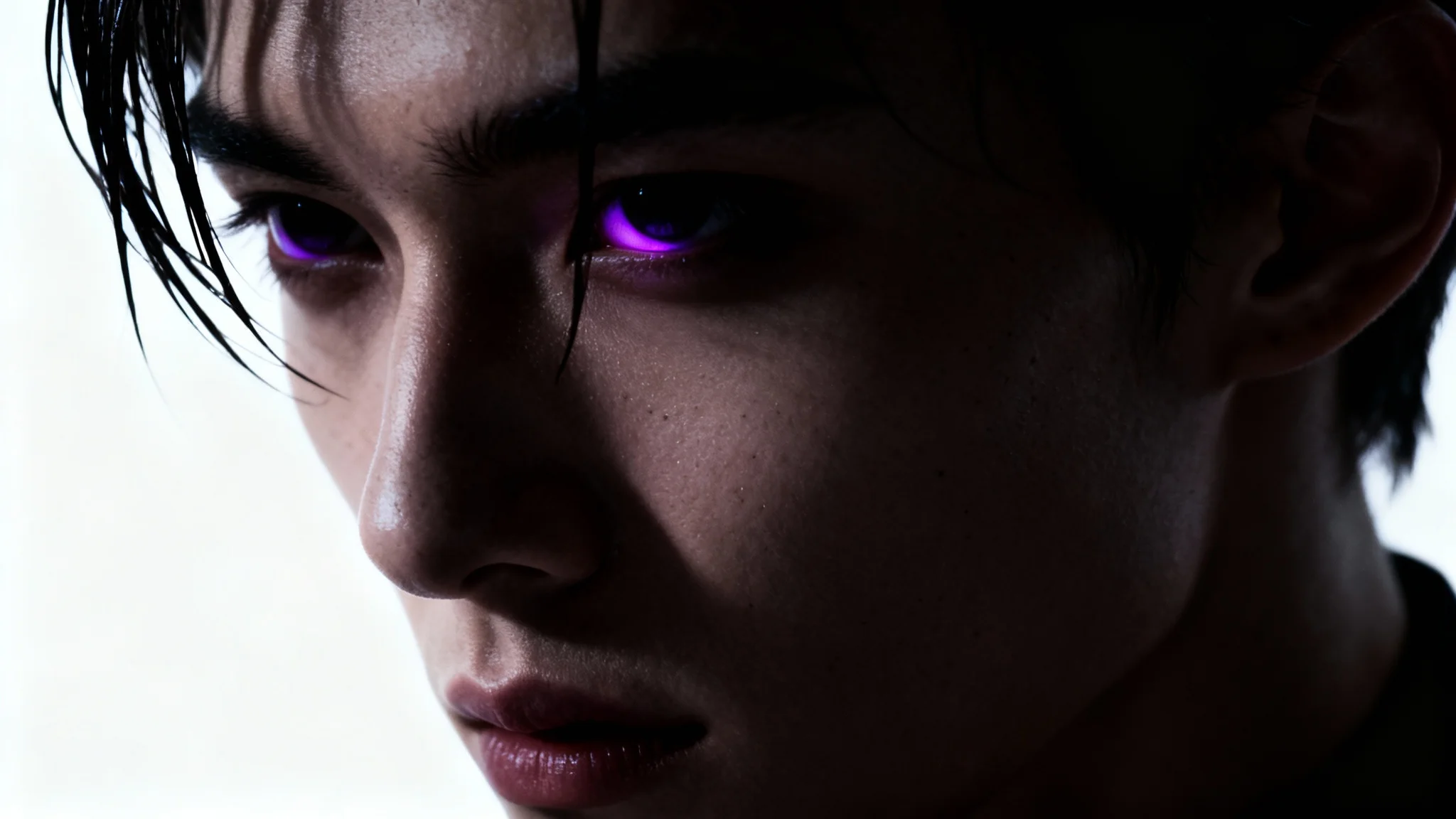 A hyper-realistic profile picture mockup with a dark aesthetic, showing a close-up of a mysterious person's face half in shadow, with a purple light reflecting in their eye, set against a plain white background.
