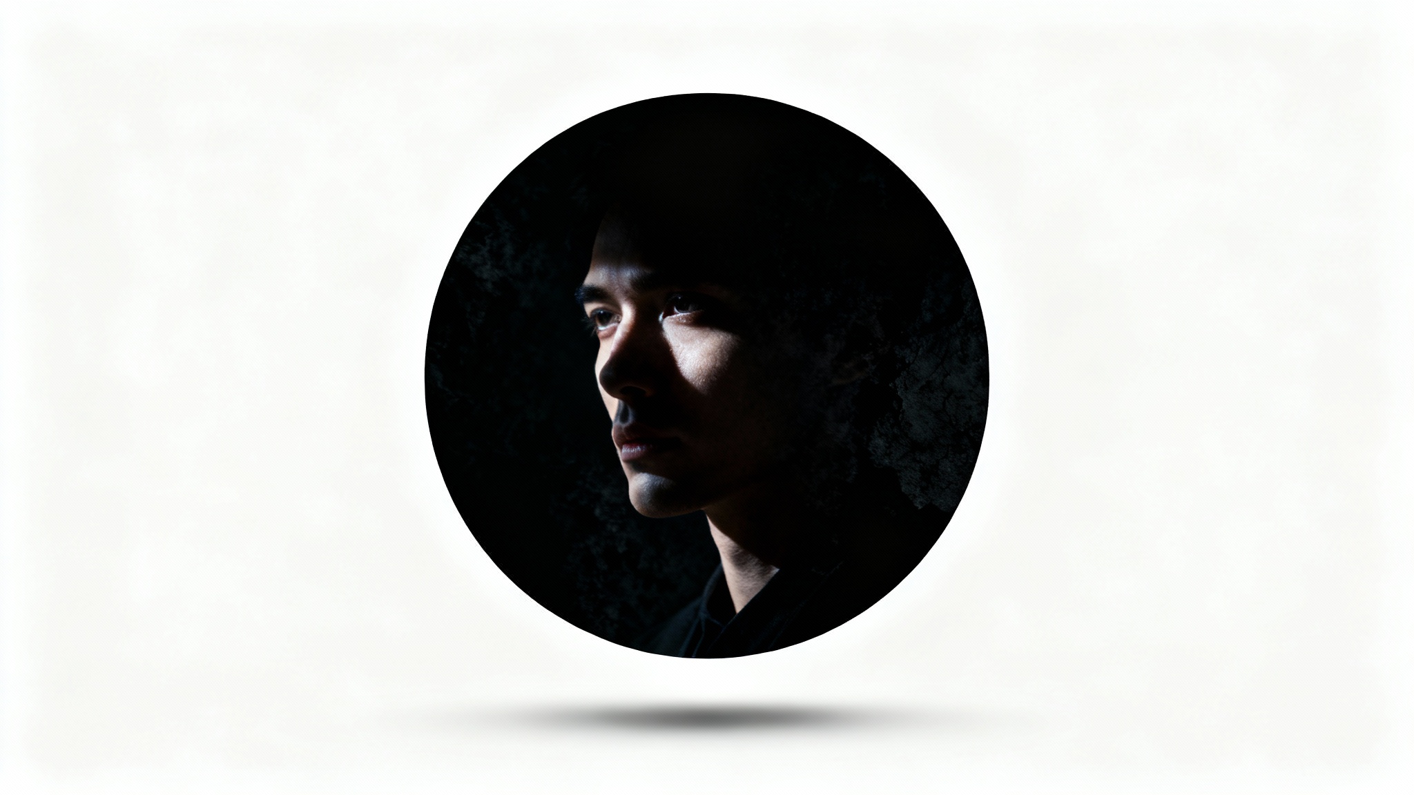 A mockup of a circular profile picture with a dark, moody aesthetic, displayed against a plain white background. The picture shows a high-contrast, shadowed face of a mysterious person.