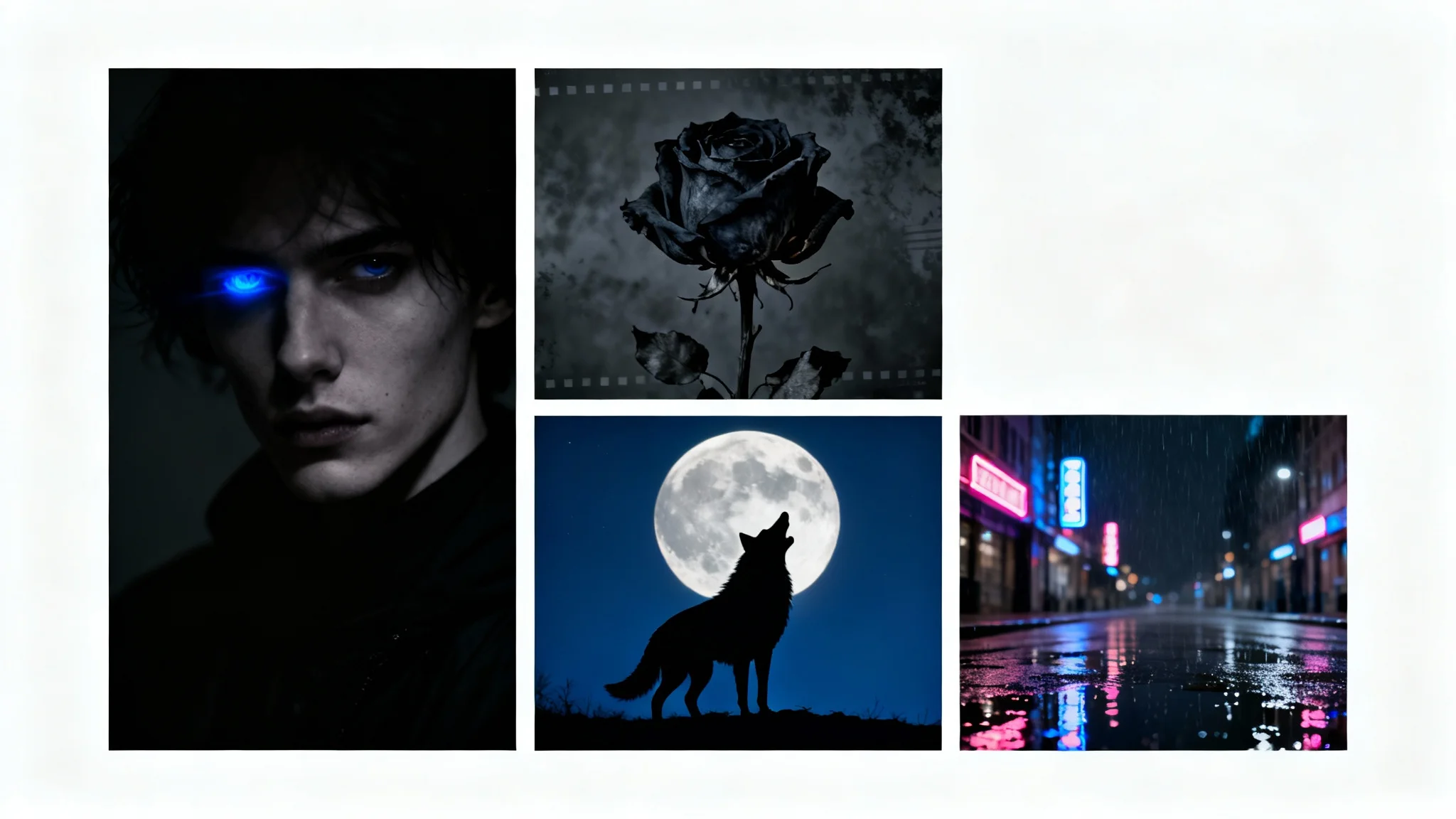 A mockup of four dark aesthetic profile pictures in a grid on a white background, featuring a shadowed portrait, a black rose, a wolf silhouette, and a rainy city street at night.