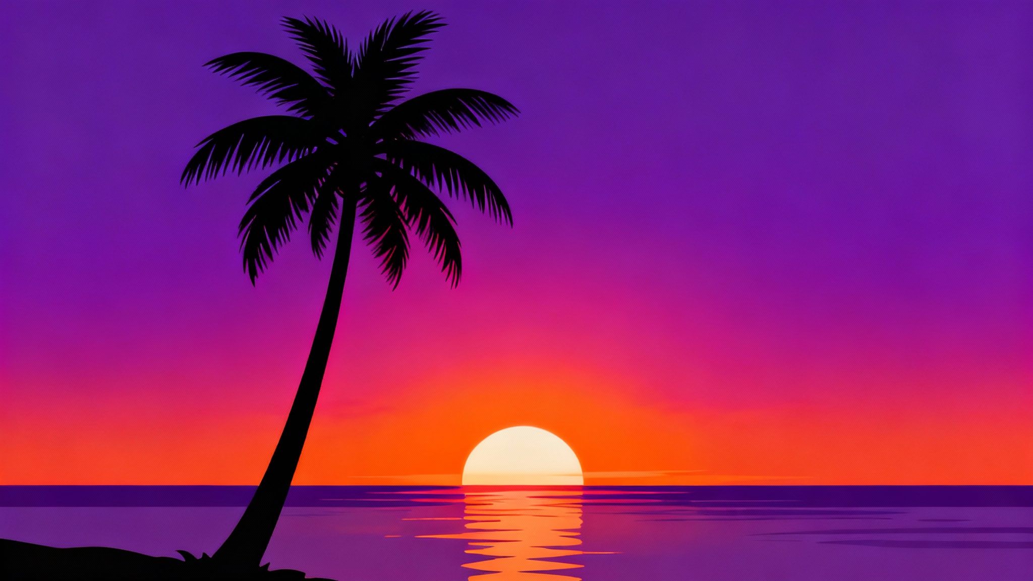 A digitally illustrated hero image showing a black silhouette of a single palm tree against a vibrant sunset sky. The sky transitions from purple to pink and orange, with a glowing sun at the horizon, all reflected in the water below.