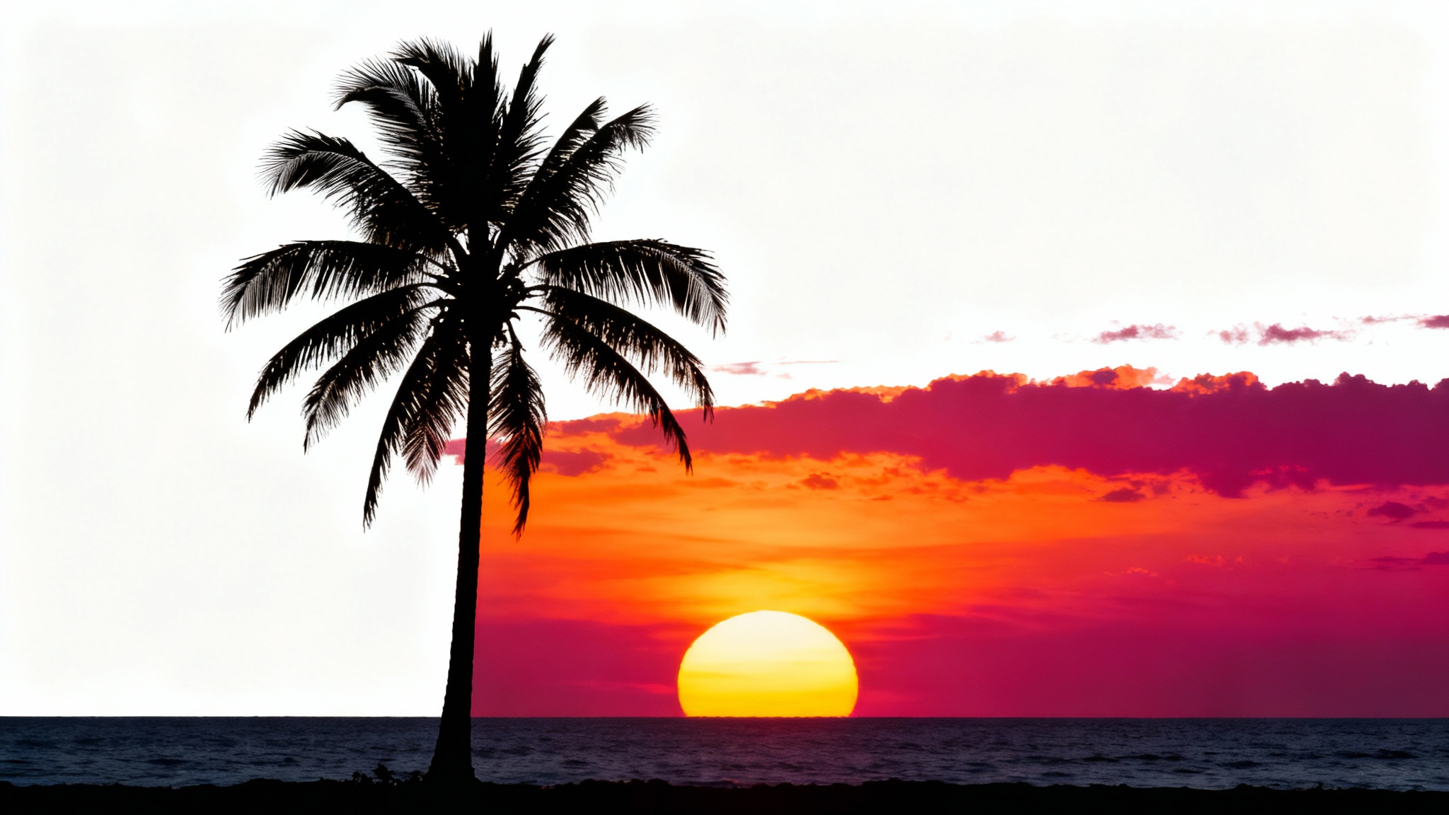 A silhouette of a tall palm tree against a vibrant orange and purple sunset over the ocean, presented on a white background.
