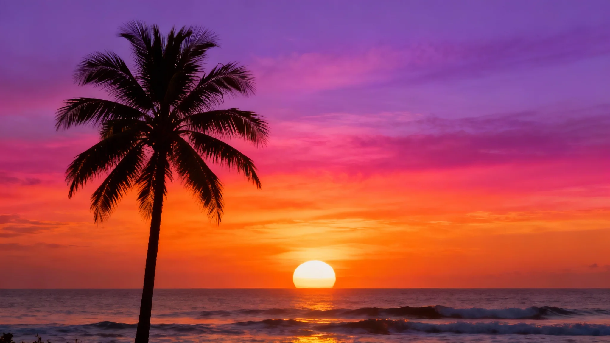 A stunning silhouette of a lone palm tree on a beach set against a vibrant orange and purple sunset over the ocean.