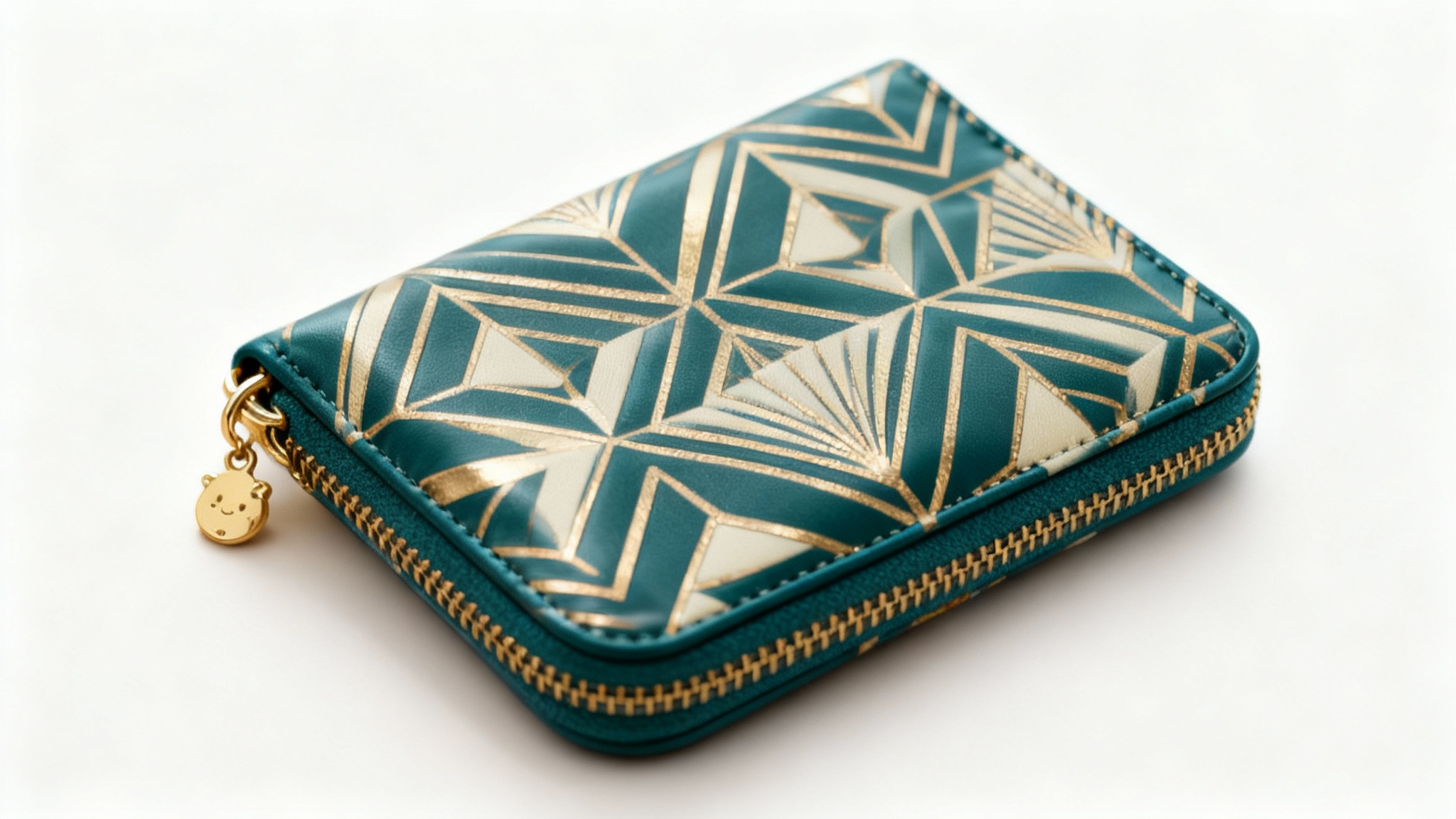 A professionally shot photo of a stylish women's wallet featuring a beautiful art-deco geometric pattern in teal, gold, and cream, set against a clean, minimalist background.