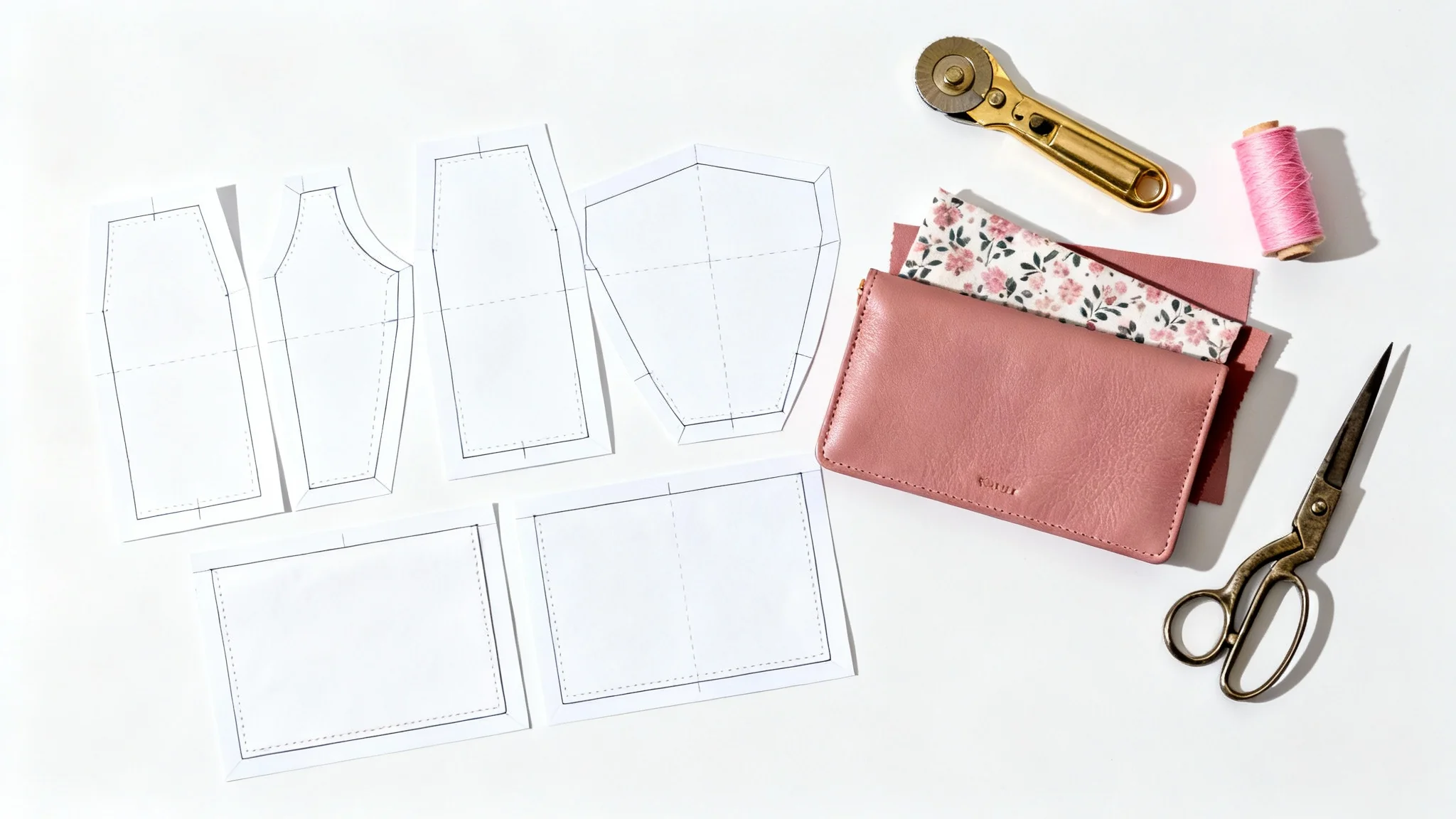 A flat lay of a women's wallet sewing pattern on a white background, accompanied by a swatch of pink vegan leather, floral fabric, and elegant sewing tools like a brass rotary cutter.