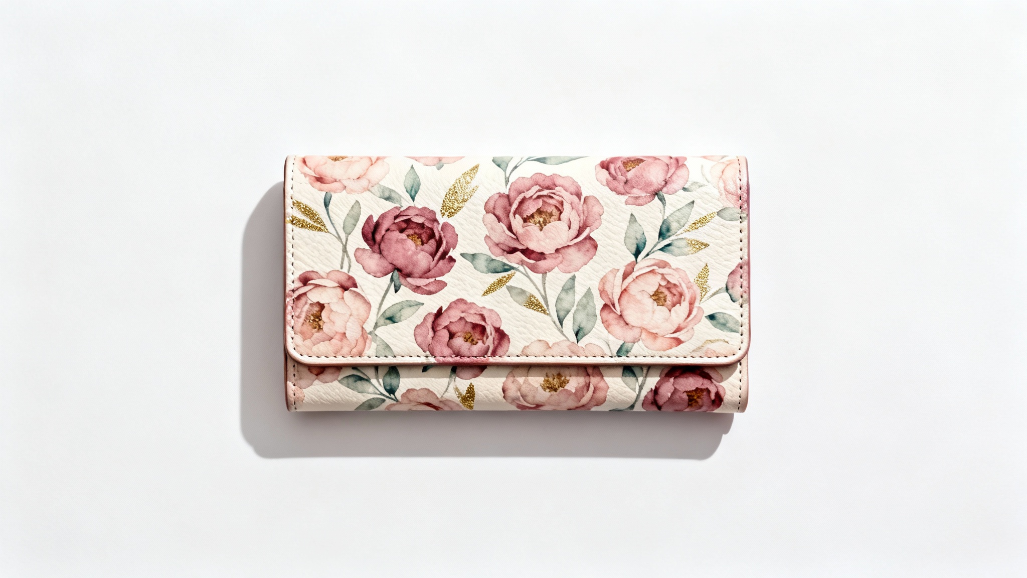 A photorealistic mockup of a women's wallet with a beautiful floral pattern of pink peonies and green leaves, set against a plain white background.
