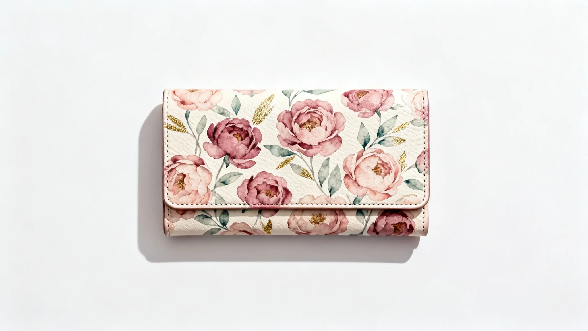A photorealistic mockup of a women's wallet with a beautiful floral pattern of pink peonies and green leaves, set against a plain white background.