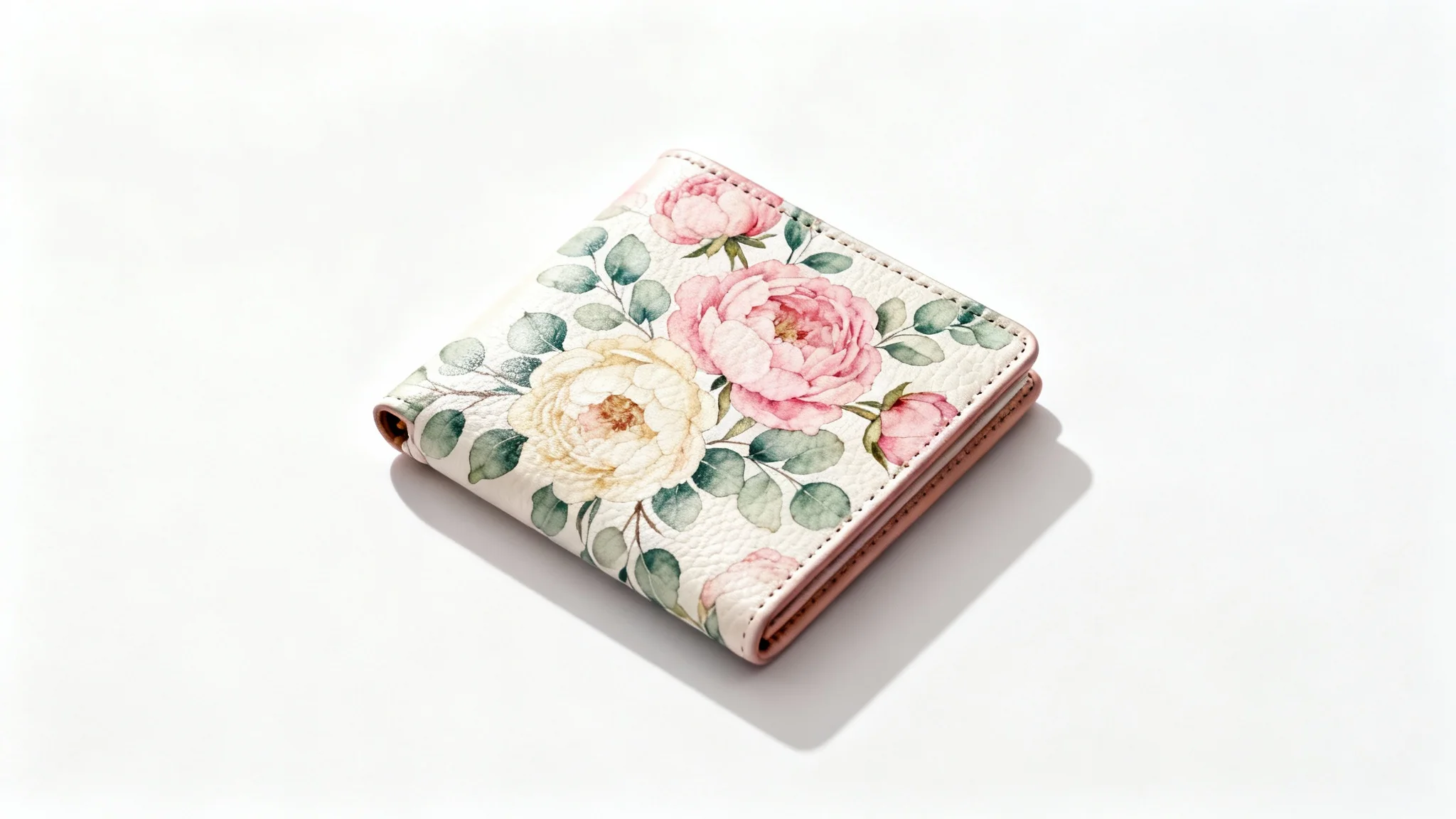 A photorealistic mockup of a women's wallet featuring a beautiful watercolor pattern of pink peonies and green leaves, set against a clean white background.