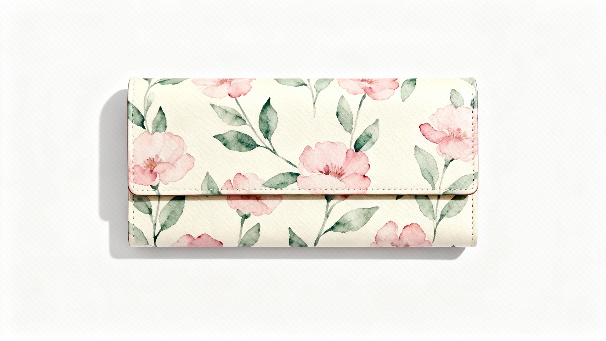 A professional mockup of a women's long wallet featuring a delicate pink and green floral pattern, displayed flat against a clean white background.
