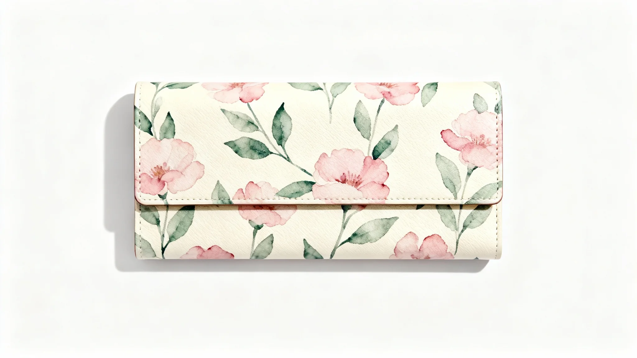 A professional mockup of a women's long wallet featuring a delicate pink and green floral pattern, displayed flat against a clean white background.