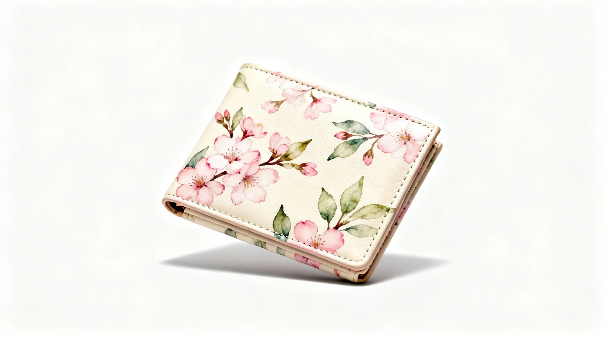 An elegant women's wallet featuring a delicate pink cherry blossom and green leaf pattern, presented against a clean white background in a professional product shot.