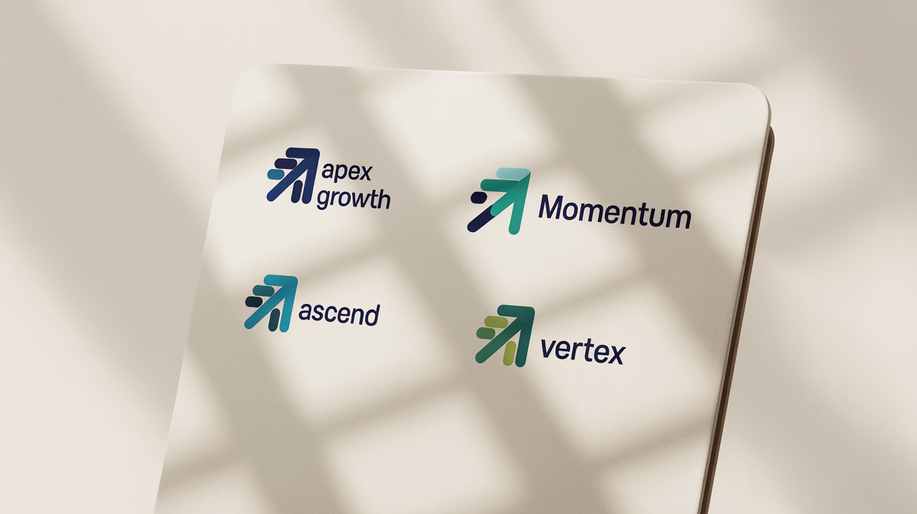 A collection of four modern growth arrow logos displayed in a professional presentation format. The logos are for fictional companies and use a color palette of blues and greens to symbolize growth.