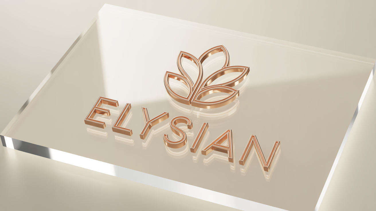 A close-up shot of a beautiful rose gold logo for the fictional brand 'Elysian', presented in a professional 3D mock-up on a clean white background, highlighting its polished metallic shine.
