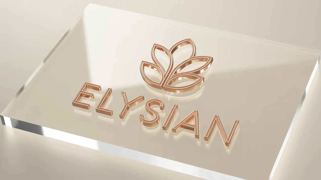 A close-up shot of a beautiful rose gold logo for the fictional brand 'Elysian', presented in a professional 3D mock-up on a clean white background, highlighting its polished metallic shine.