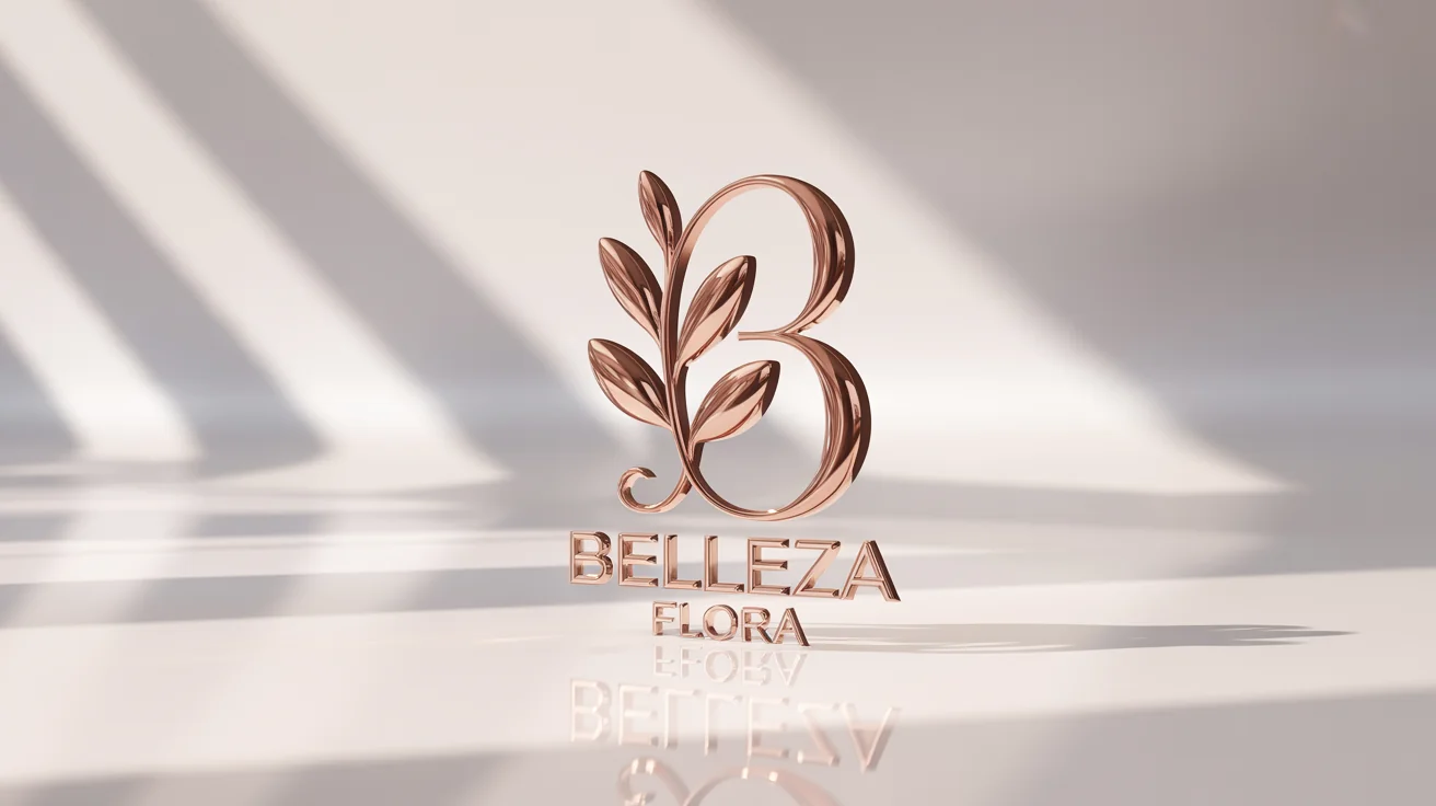 A luxurious 3D logo mockup featuring a stylized letter 'B' and a leaf in polished rose gold, with the brand name 'Belleza Flora' below, all set against a clean white background.