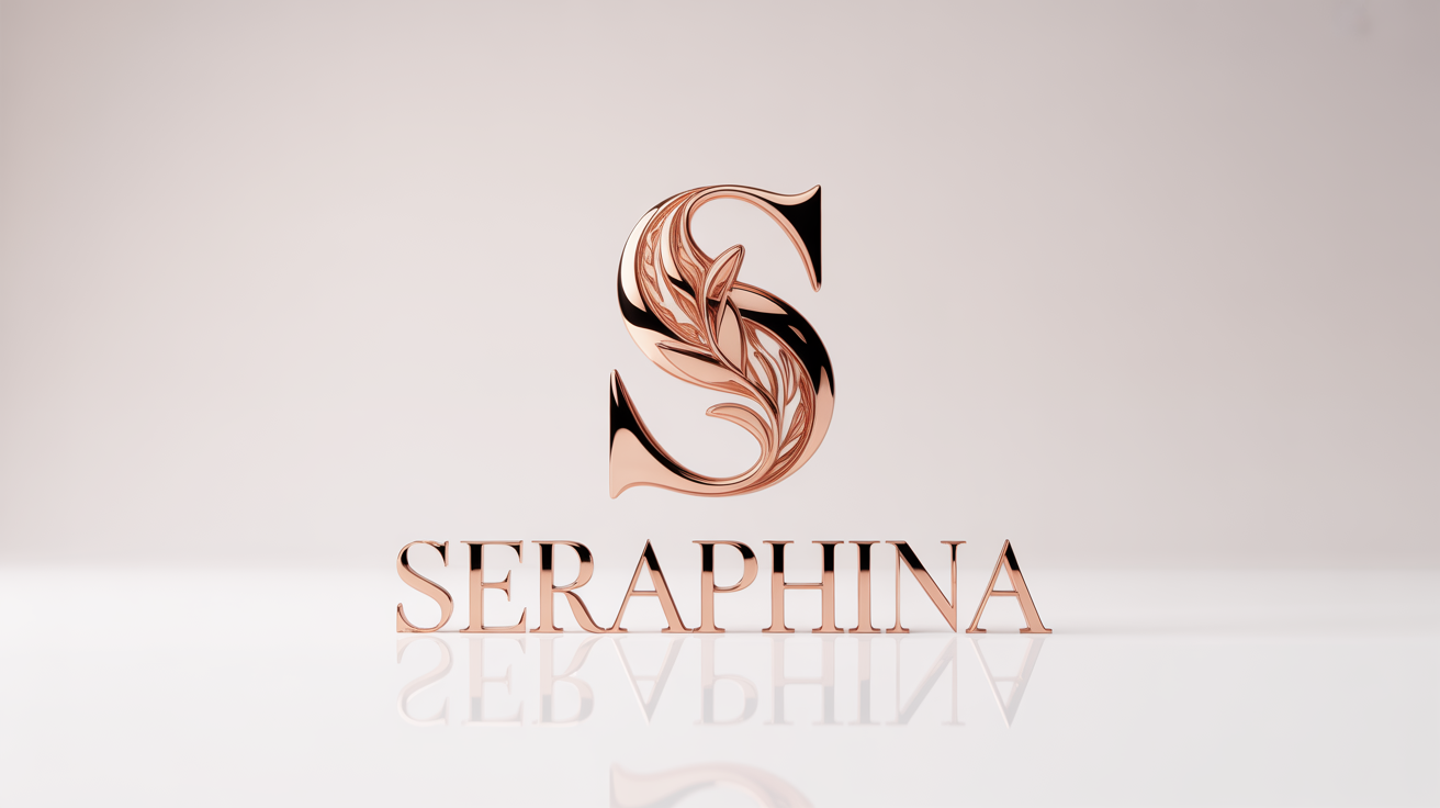 A luxurious 3D mockup of a rose gold logo featuring a stylized letter 'S' and the brand name 'Seraphina' on a clean white background, conveying elegance and sophistication.