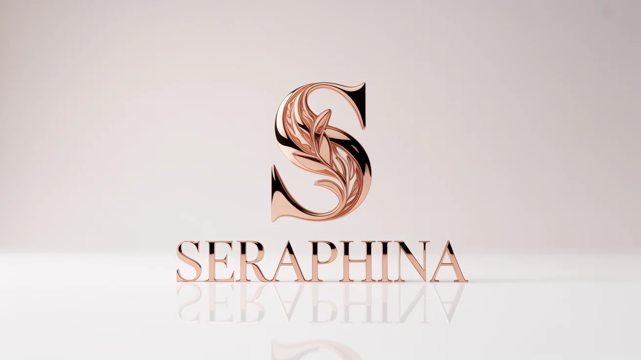 A luxurious 3D mockup of a rose gold logo featuring a stylized letter 'S' and the brand name 'Seraphina' on a clean white background, conveying elegance and sophistication.