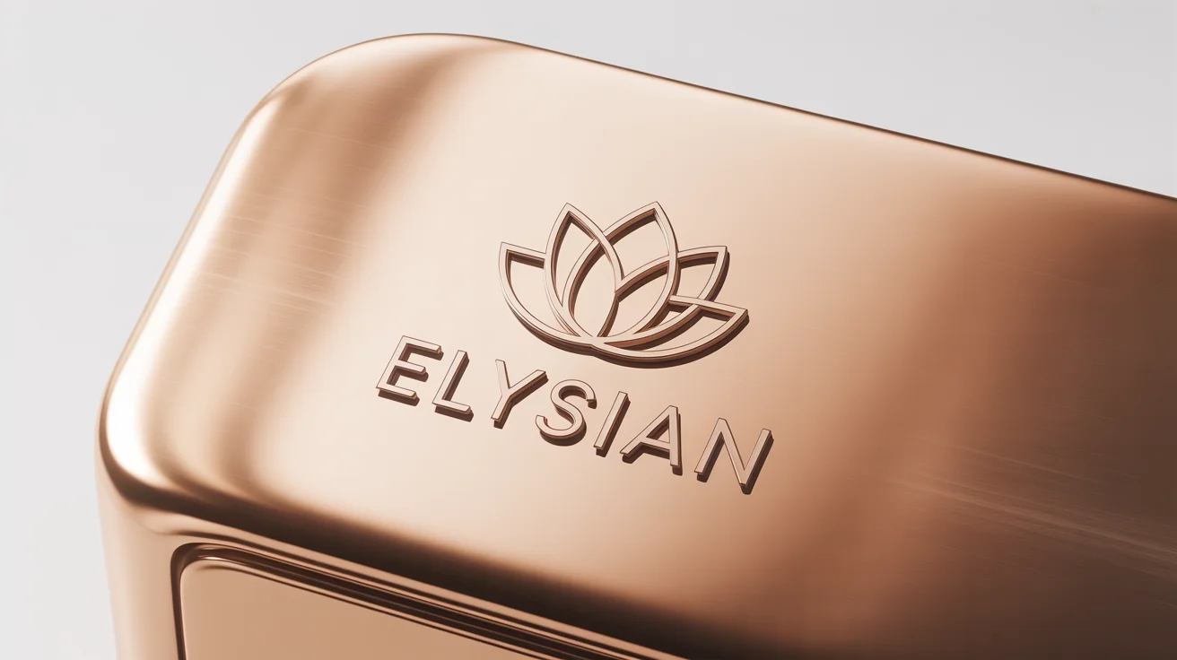 A mockup of a luxurious, minimalist logo in a polished rose gold finish, featuring a geometric lotus flower and the brand name 'ELYSIAN' on a clean white background.