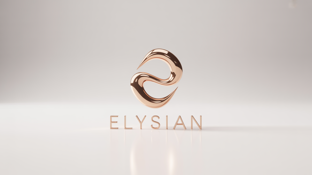 A 3D mockup of an elegant rose gold logo with the word 'Elysian' on a clean white background, conveying a sense of luxury and professionalism.