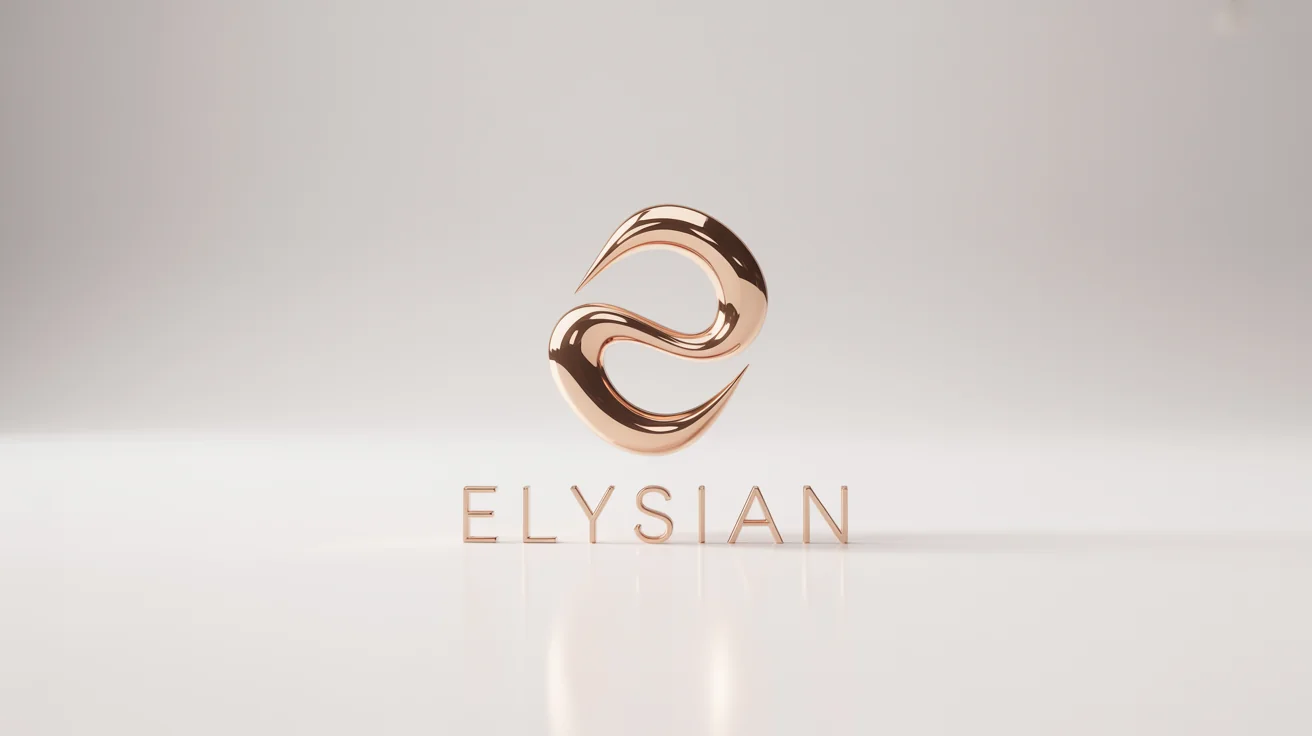 A 3D mockup of an elegant rose gold logo with the word 'Elysian' on a clean white background, conveying a sense of luxury and professionalism.