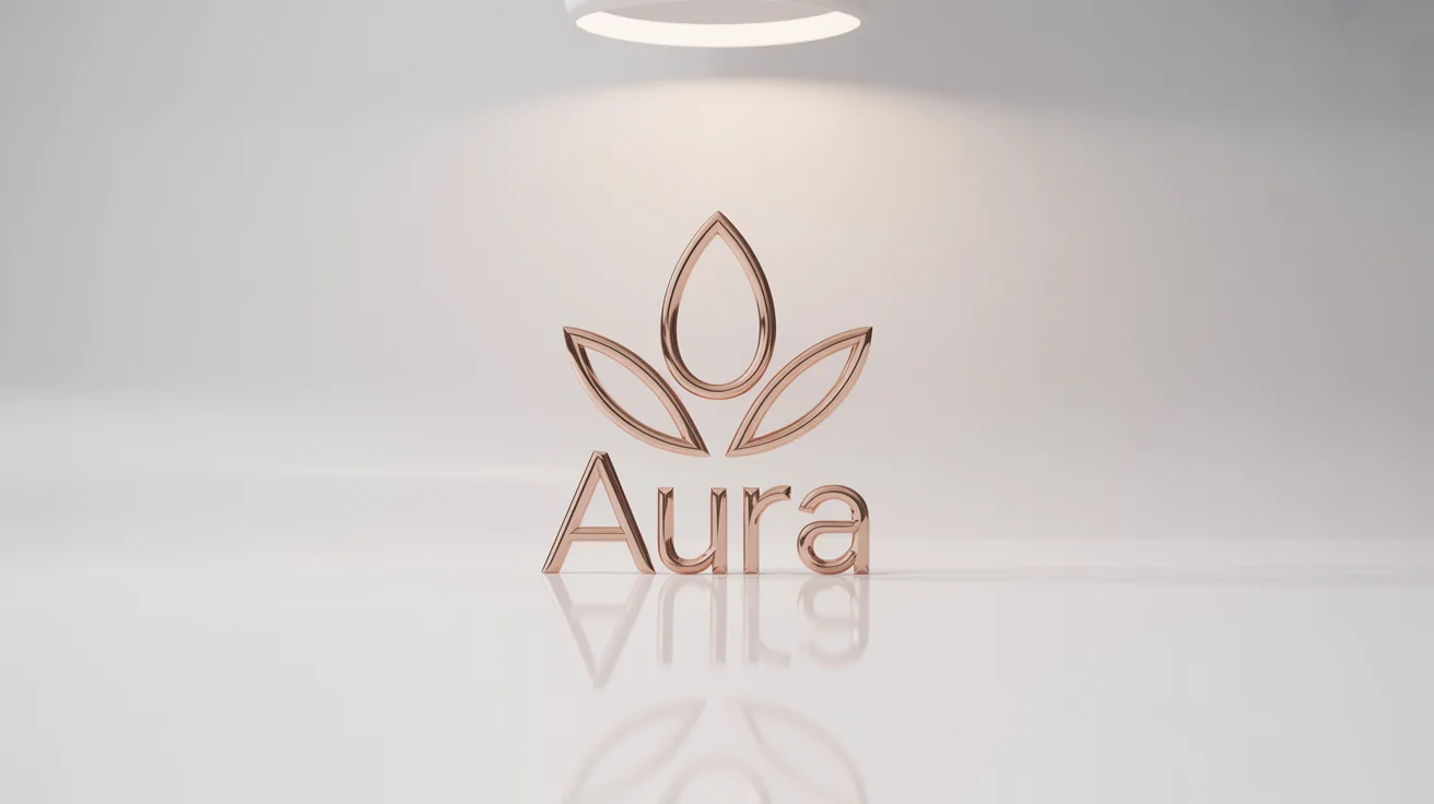 A luxurious 3D logo mockup for the brand 'AURA' in polished rose gold, featuring a stylized lotus flower symbol on a clean white background.