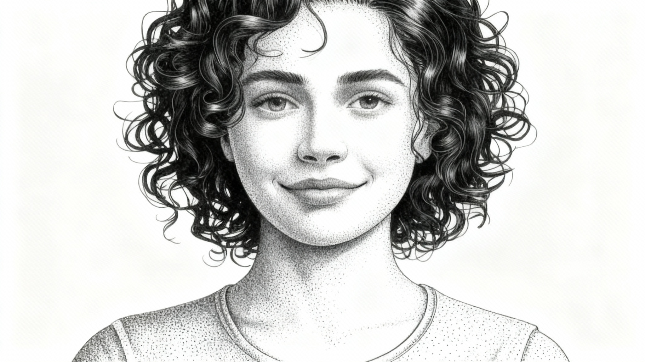 A highly detailed stipple portrait of a young woman with curly hair, rendered in black and white against a plain white background. The image is composed entirely of tiny dots, creating realistic shading and texture.