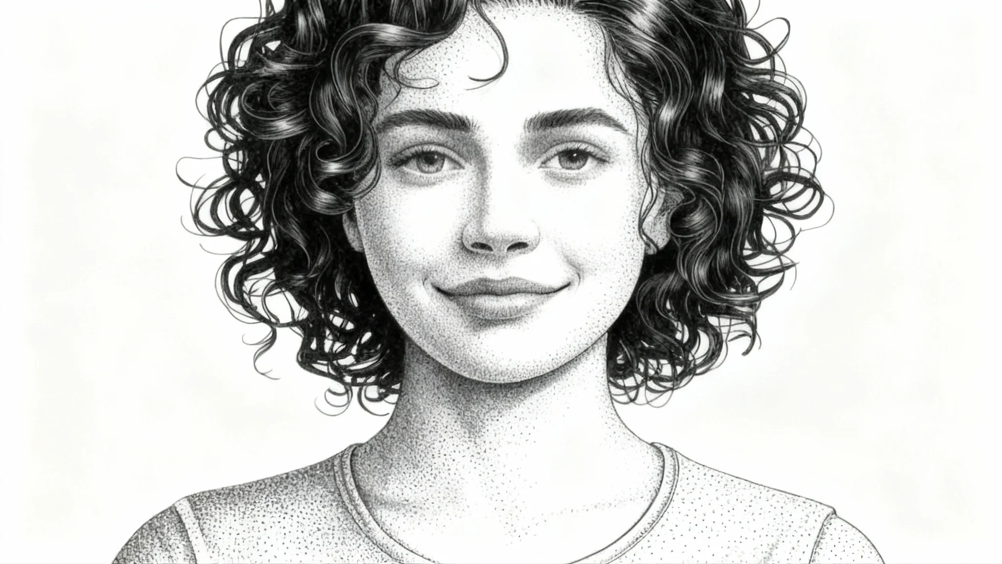 A highly detailed stipple portrait of a young woman with curly hair, rendered in black and white against a plain white background. The image is composed entirely of tiny dots, creating realistic shading and texture.