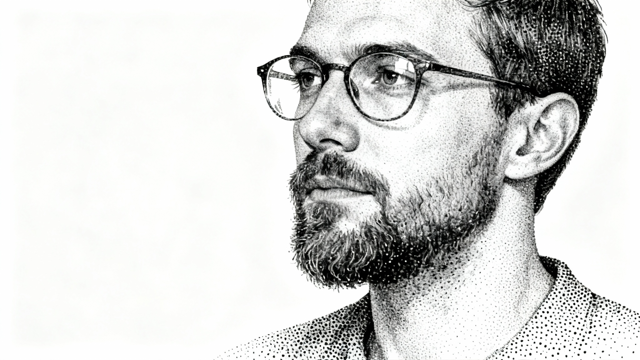 A close-up stipple portrait of a man with glasses and a beard, rendered in intricate black and white dotwork against a plain white background.