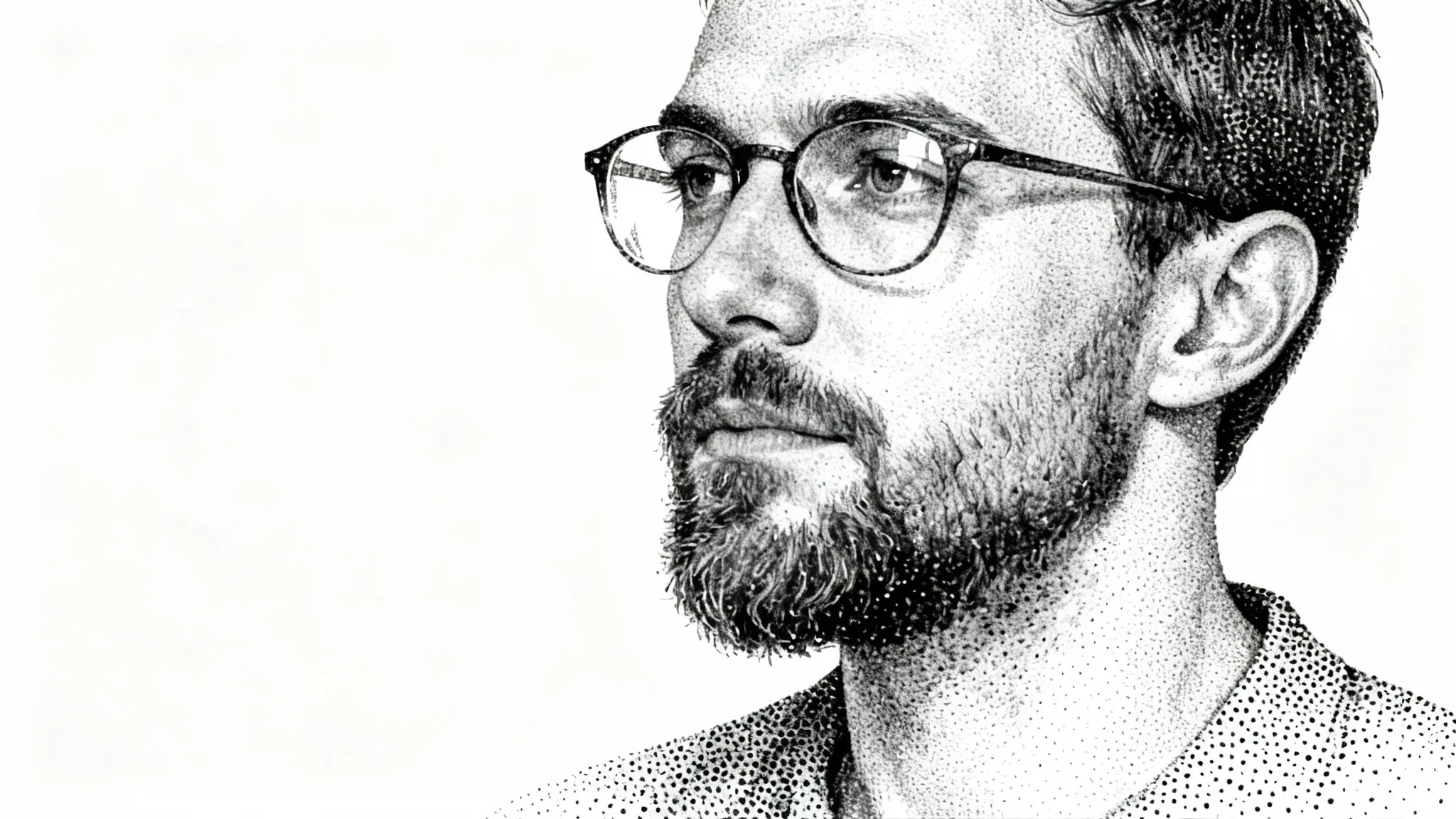 A close-up stipple portrait of a man with glasses and a beard, rendered in intricate black and white dotwork against a plain white background.