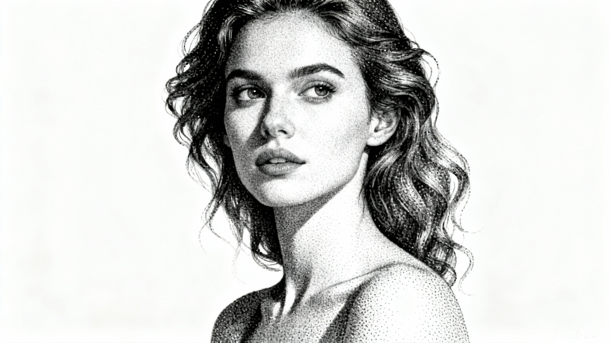 A highly detailed stipple portrait of a woman, created entirely from tiny black ink dots on a clean white background.