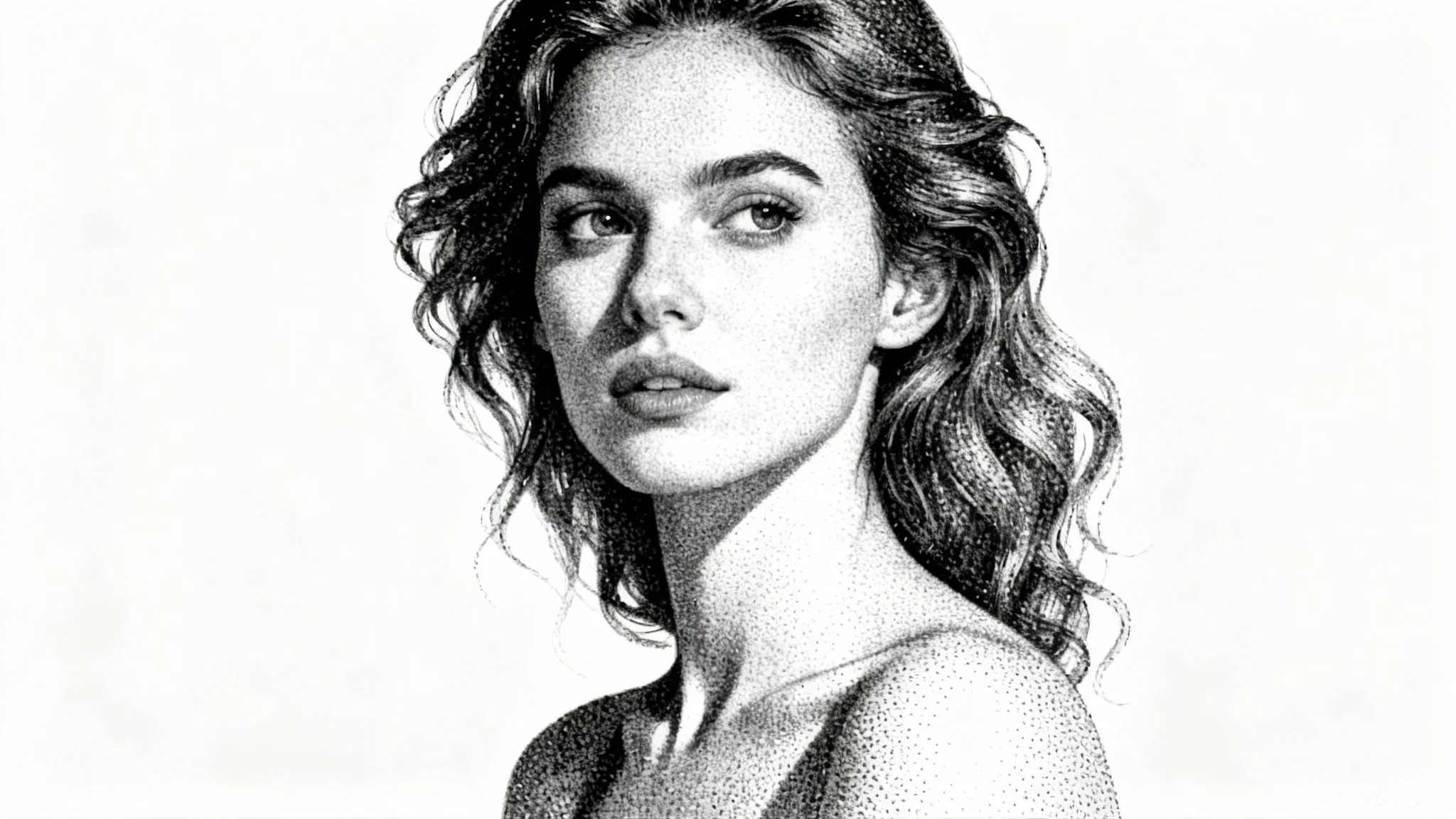 A highly detailed stipple portrait of a woman, created entirely from tiny black ink dots on a clean white background.