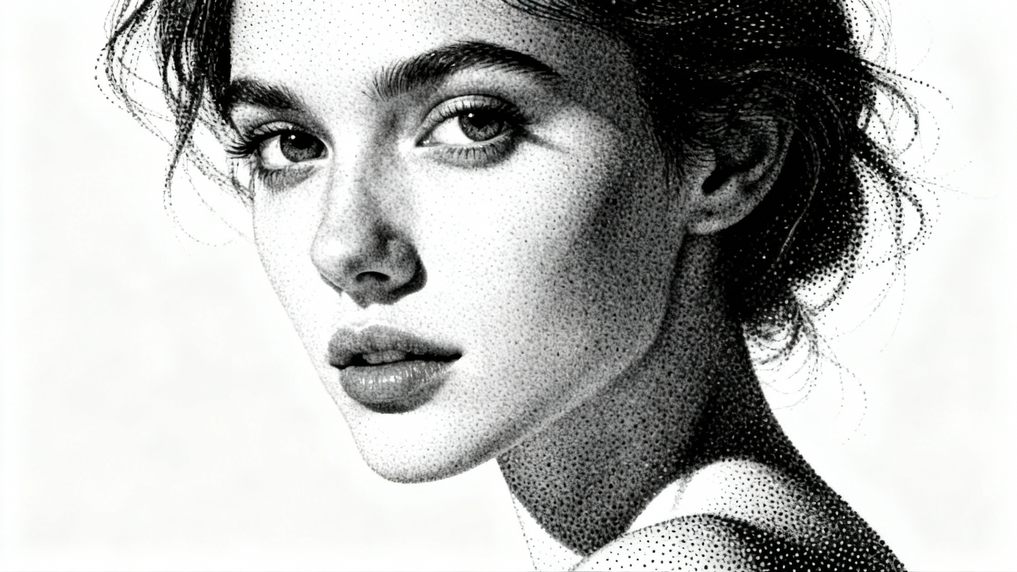 An intricate black and white stipple portrait of a woman, created entirely from dots, showcasing extreme detail on a clean white background.