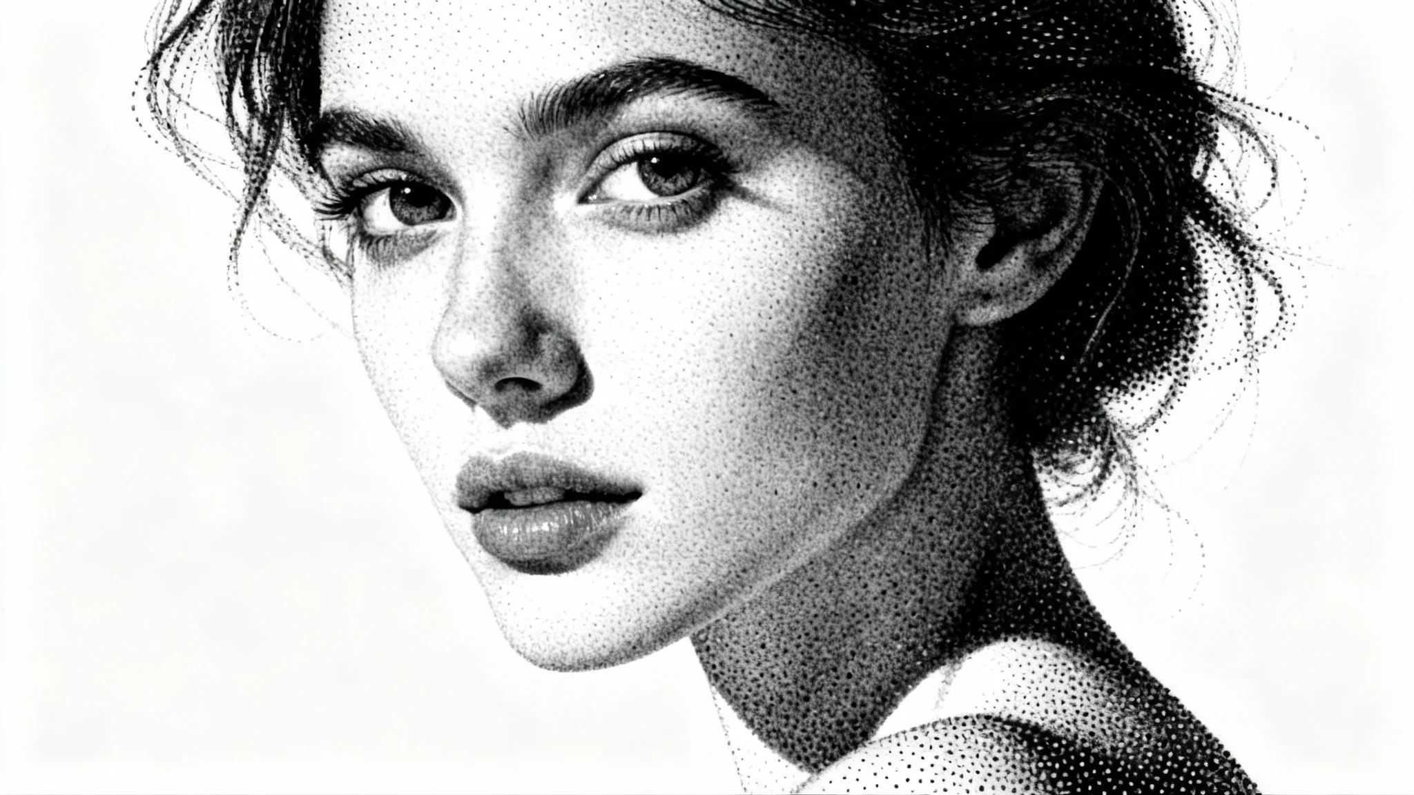 An intricate black and white stipple portrait of a woman, created entirely from dots, showcasing extreme detail on a clean white background.