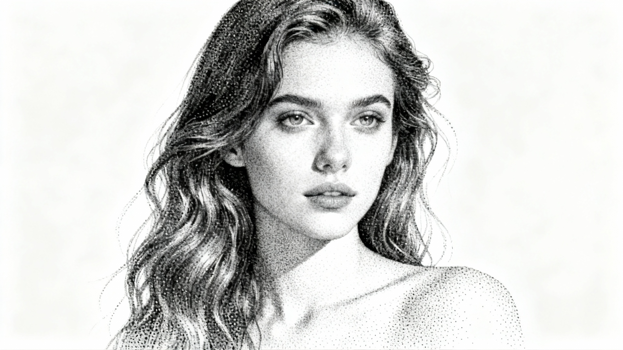 An artistic black and white stipple portrait of a young woman, created entirely from tiny dots to form a realistic and detailed image on a white background.