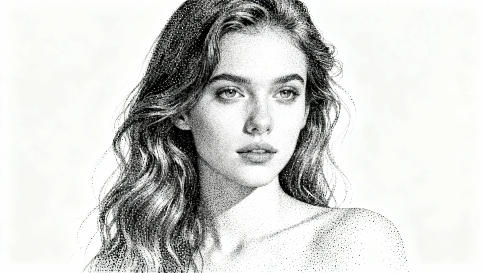 An artistic black and white stipple portrait of a young woman, created entirely from tiny dots to form a realistic and detailed image on a white background.