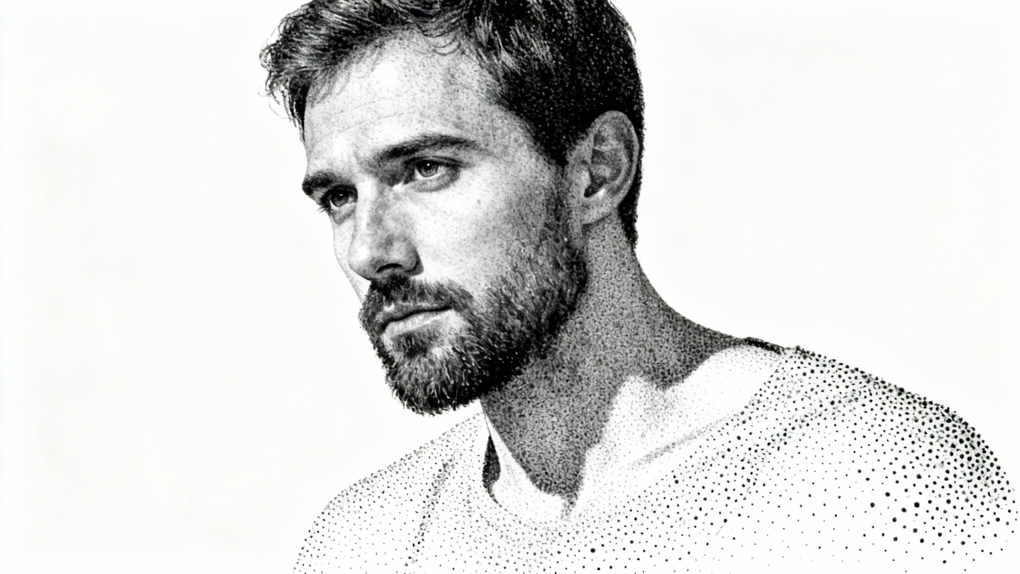 A detailed, black and white stipple portrait of a man with a beard. The image is created entirely from tiny dots, demonstrating the artistic technique against a clean white background.