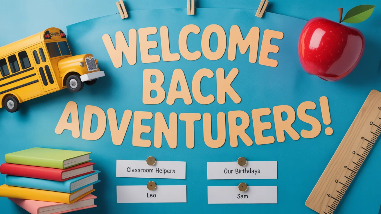 A colorful and inviting back-to-school bulletin board mockup on a white background, with the heading 'Welcome Back Adventurers!' and decorative paper cutouts of school supplies.