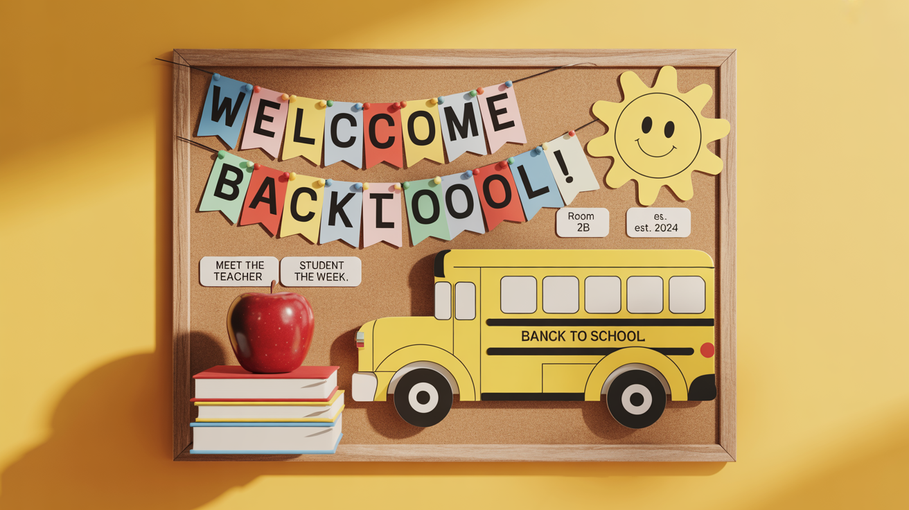 A colorful and cheerful 'back to school' themed bulletin board mockup with a 'Welcome Back to School!' banner, displayed against a clean white background.