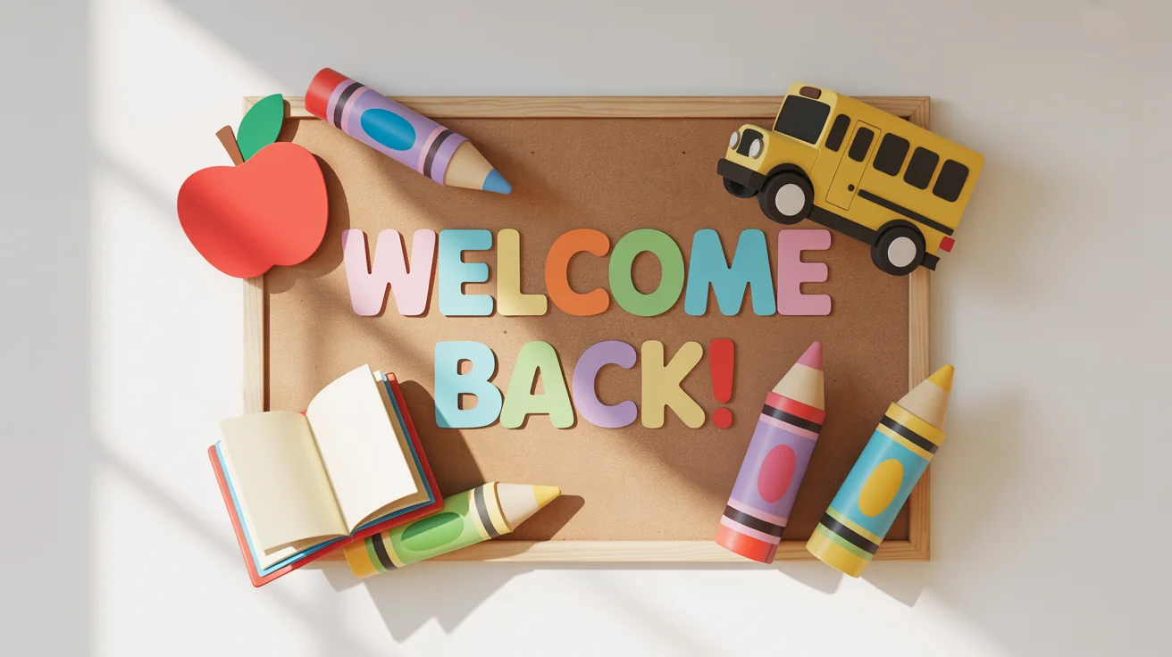 A colorful 'back to school' themed bulletin board mockup against a white background, featuring a 'Welcome Back!' banner and paper cutouts of a school bus, apple, and crayons.