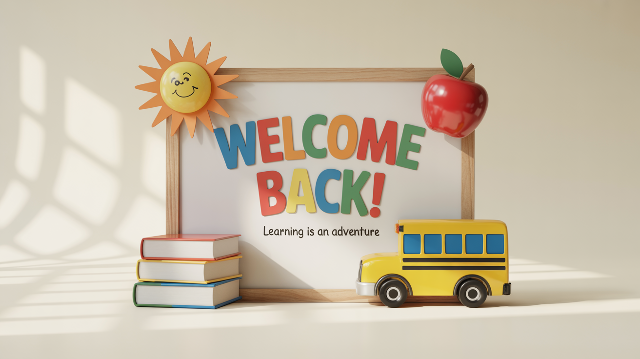 A cheerfully decorated back-to-school bulletin board with colorful paper cutouts of a sun and school supplies, featuring the text 'Welcome Back!'.