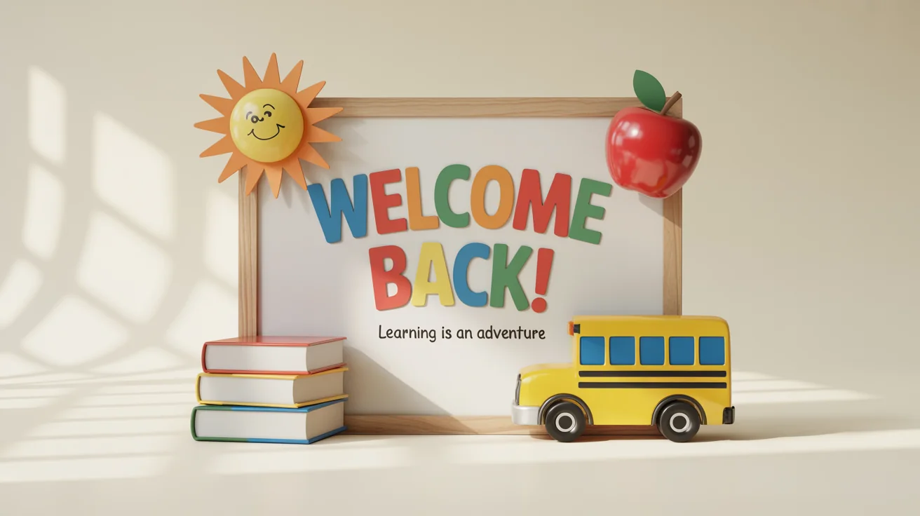 A cheerfully decorated back-to-school bulletin board with colorful paper cutouts of a sun and school supplies, featuring the text 'Welcome Back!'.